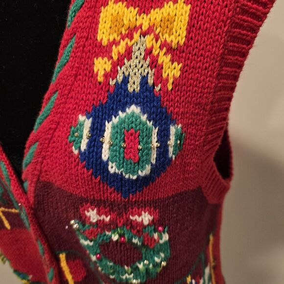 Jennifer Moore Petites Ugly Christmas Sweater Vest Women's Medium Red Hand Knit - Picture 2 of 10